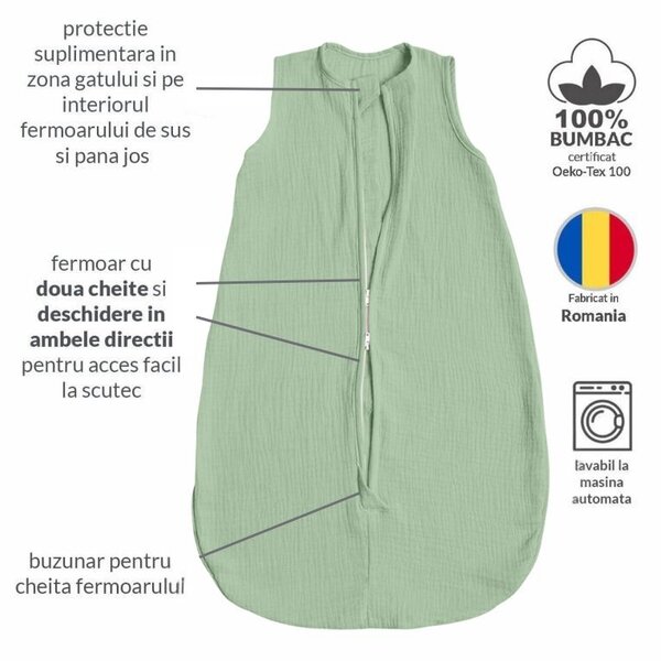 Sac de dormit de vara pentru copii din muselina dubla 0-6 luni Kidizi mint, bumbac 100%, 0.3 tog