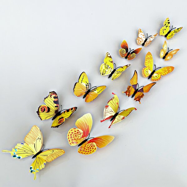 Autocolant de perete "Fluturi 3D din plastic realist - galben” 12 buc 5-12 cm