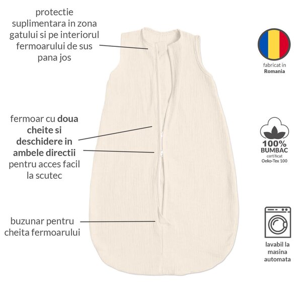Sac de dormit de vara pentru copii din muselina dubla 0-6 luni Kidizi ivory, bumbac 100%, 0.3 tog