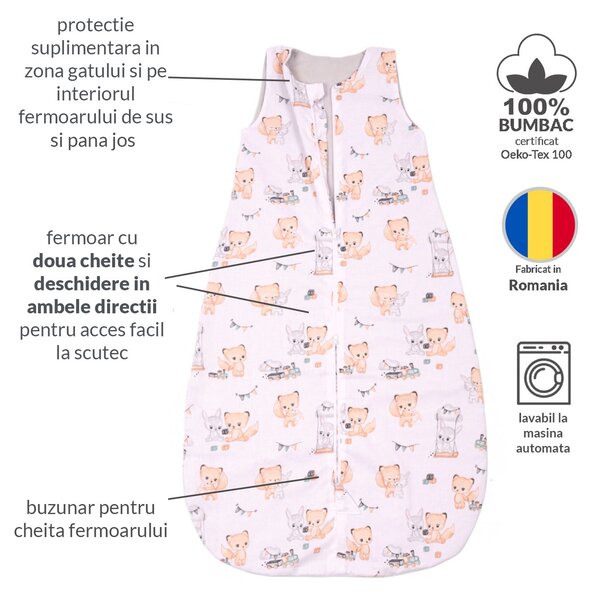 Sac de dormit de vara pentru copii 18-36 luni Kidizi Best Friends, bumbac 100%, 0.5 tog