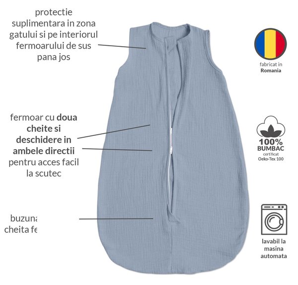 Sac de dormit de vara pentru copii din muselina dubla 0-6 luni Kidizi jeans bumbac 100%, 0.3 tog