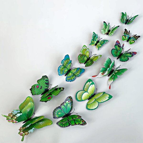 Autocolant de perete "Fluturi 3D din plastic realist cu aripi duble - verde” 12 buc 6-12 cm