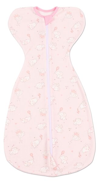 Sistem de infasat bebe Kidizi Swaddel Confort Elefun Pink 0-4 luni – anti reflex Moro, 100% bumbac, fermoar dublu, 0.5 TOG