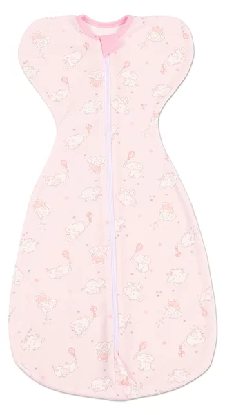 Sistem de infasat bebe Kidizi Swaddel Confort Elefun Pink 0-4 luni – anti reflex Moro, 100% bumbac, fermoar dublu, 0.5 TOG