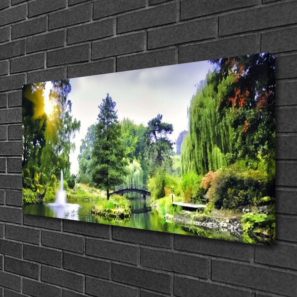 Tablou pe panza canvas Pădure Cascada Soare Natura Verde Galben Alb