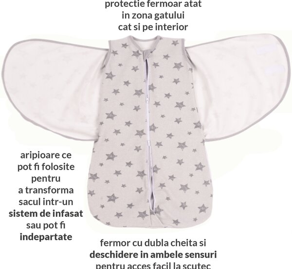 Sac de dormit bebelusi cu sistem de infasare din bumbac flausat Kidizi Galaxy Grey, 0-6 luni, 1 tog