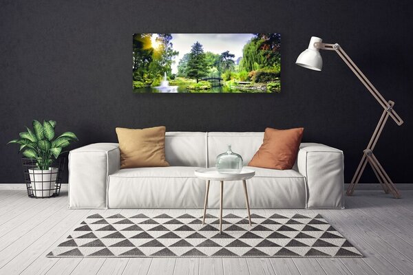 Tablou pe panza canvas Pădure Cascada Soare Natura Verde Galben Alb