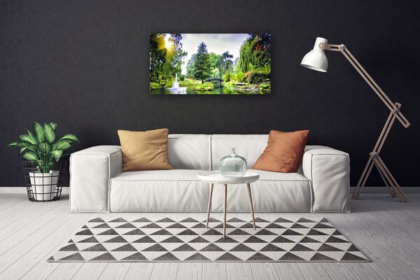 Tablou pe panza canvas Pădure Cascada Soare Natura Verde Galben Alb