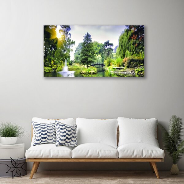 Tablou pe panza canvas Pădure Cascada Soare Natura Verde Galben Alb