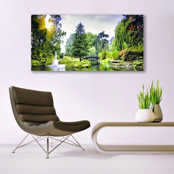 Tablou pe panza canvas Pădure Cascada Soare Natura Verde Galben Alb