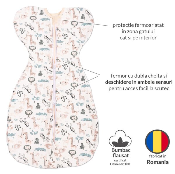 Sistem de infasat 0-4 luni Kidizi Swaddel Confort Safari, bumbac flausat, 1 tog, pentru toamna-iarna