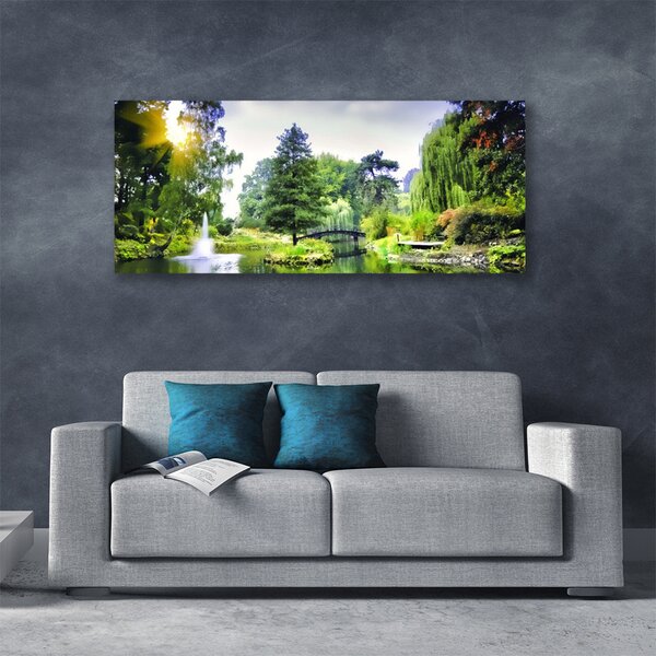 Tablou pe panza canvas Pădure Cascada Soare Natura Verde Galben Alb