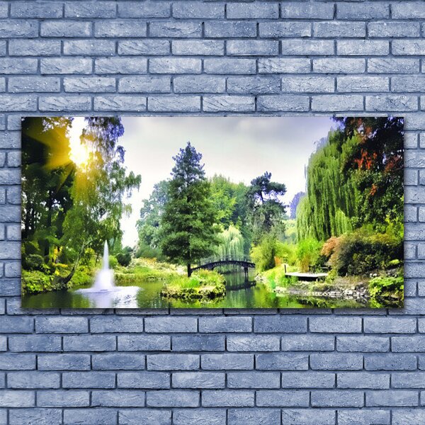 Tablou pe panza canvas Pădure Cascada Soare Natura Verde Galben Alb