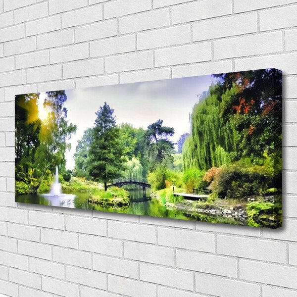 Tablou pe panza canvas Pădure Cascada Soare Natura Verde Galben Alb