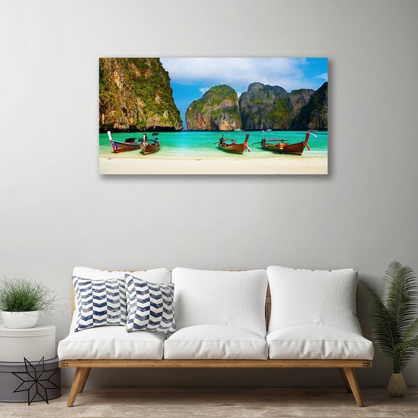 Tablou pe panza canvas Plaja Muntii Marea Peisaj Verde Gri Albastru