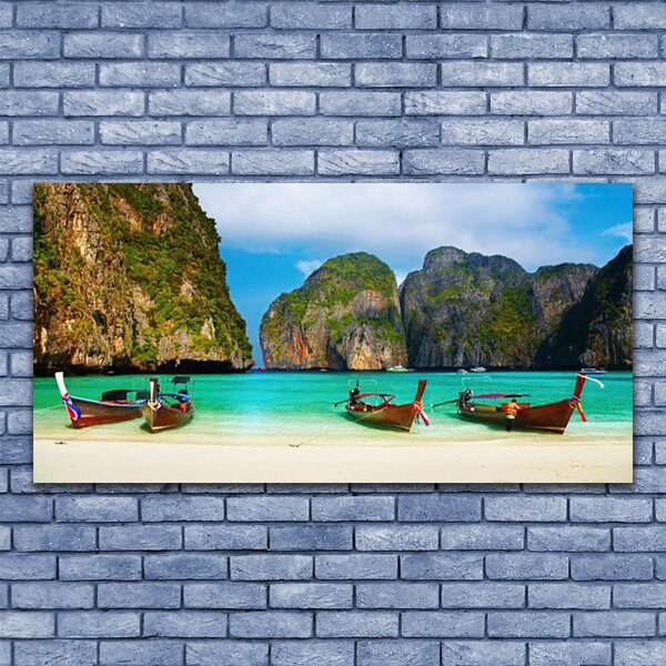 Tablou pe panza canvas Plaja Muntii Marea Peisaj Verde Gri Albastru