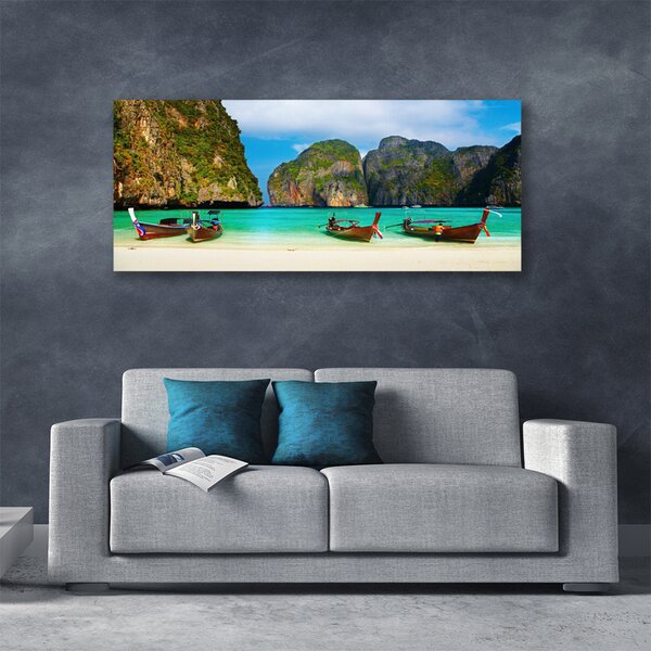 Tablou pe panza canvas Plaja Muntii Marea Peisaj Verde Gri Albastru