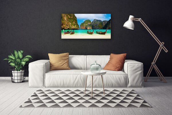Tablou pe panza canvas Plaja Muntii Marea Peisaj Verde Gri Albastru