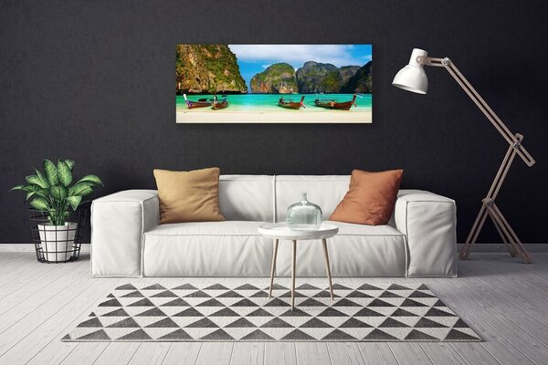 Tablou pe panza canvas Plaja Muntii Marea Peisaj Verde Gri Albastru
