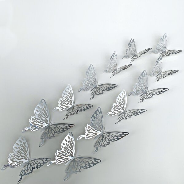 Autocolant de perete "Fluturi metalici - Argint 3" 12 buc 8x12 cm