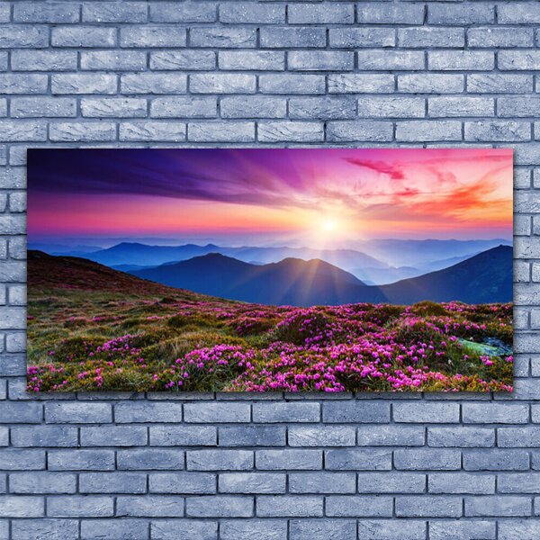 Tablou pe panza canvas Muntii Meadow Flori Peisaj Violet Roz Albastru Verde
