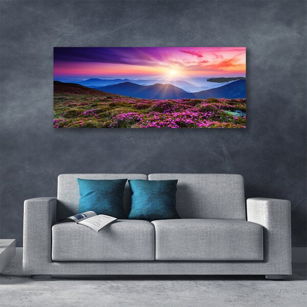 Tablou pe panza canvas Muntii Meadow Flori Peisaj Violet Roz Albastru Verde