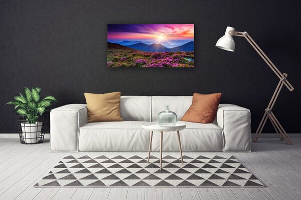 Tablou pe panza canvas Muntii Meadow Flori Peisaj Violet Roz Albastru Verde