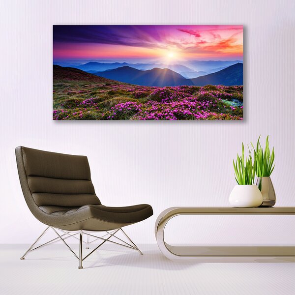 Tablou pe panza canvas Muntii Meadow Flori Peisaj Violet Roz Albastru Verde