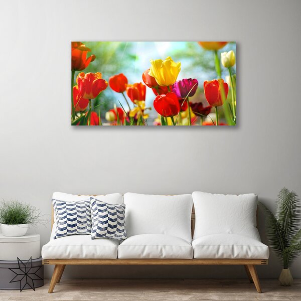 Tablou pe panza canvas Flori Floral Rosu Galben Roz Verde