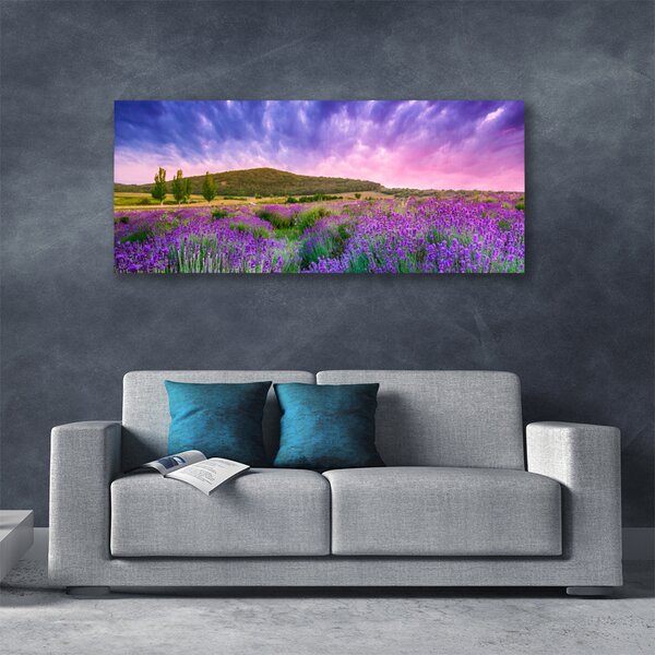Tablou pe panza canvas Meadow Munții Flori Natura Verde Violet Albastru Roz