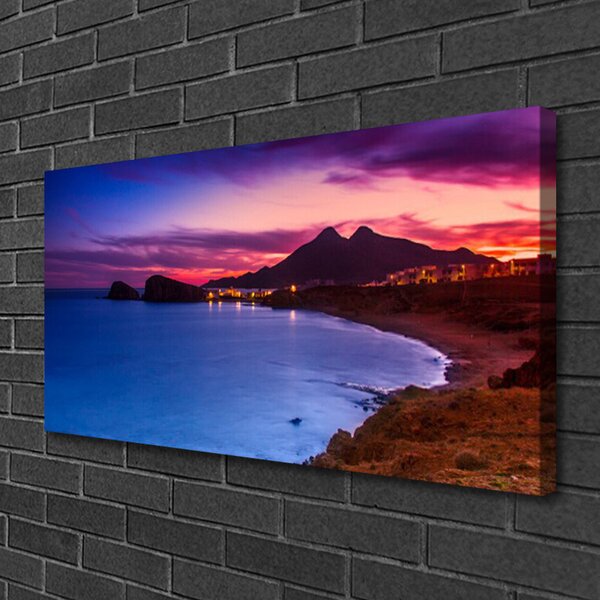 Tablou pe panza canvas Marea Munți Beach Peisaj Albastru Maro Roz Violet