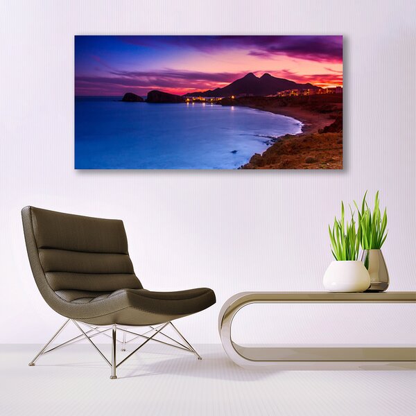 Tablou pe panza canvas Marea Munți Beach Peisaj Albastru Maro Roz Violet