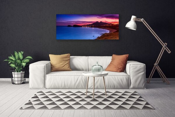 Tablou pe panza canvas Marea Munți Beach Peisaj Albastru Maro Roz Violet
