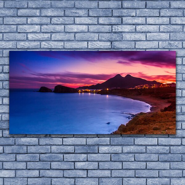 Tablou pe panza canvas Marea Munți Beach Peisaj Albastru Maro Roz Violet