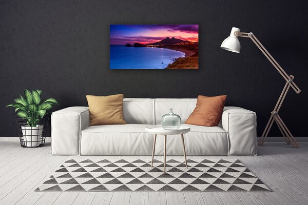 Tablou pe panza canvas Marea Munți Beach Peisaj Albastru Maro Roz Violet