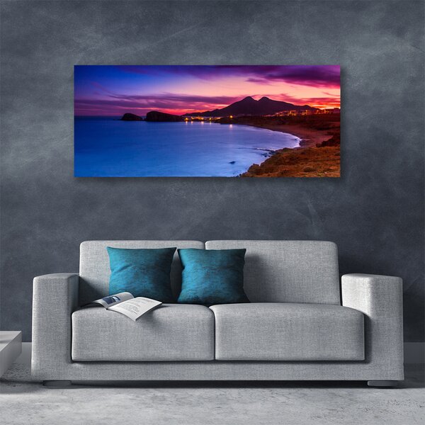 Tablou pe panza canvas Marea Munți Beach Peisaj Albastru Maro Roz Violet