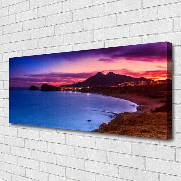 Tablou pe panza canvas Marea Munți Beach Peisaj Albastru Maro Roz Violet