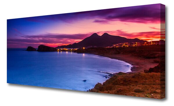 Tablou pe panza canvas Marea Munți Beach Peisaj Albastru Maro Roz Violet