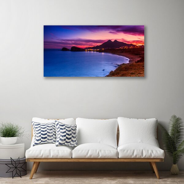 Tablou pe panza canvas Marea Munți Beach Peisaj Albastru Maro Roz Violet