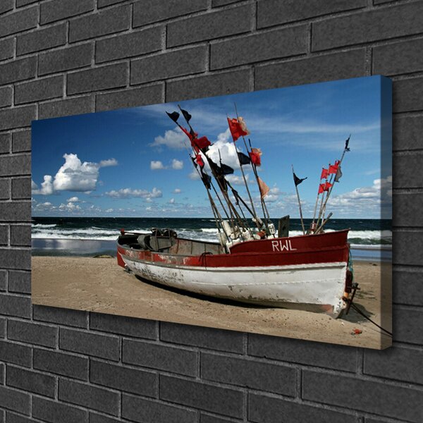 Tablou pe panza canvas Sea Beach Peisaj barca Albastru Roșu Alb Maro