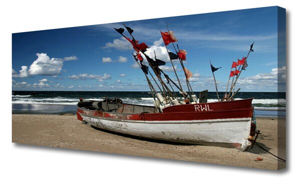 Tablou pe panza canvas Sea Beach Peisaj barca Albastru Roșu Alb Maro