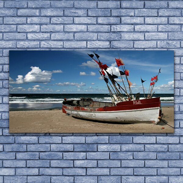 Tablou pe panza canvas Sea Beach Peisaj barca Albastru Roșu Alb Maro