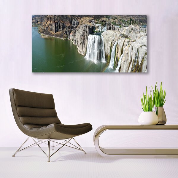 Tablou pe panza canvas Munții Cascada Lacul Peisaj Gri Verde