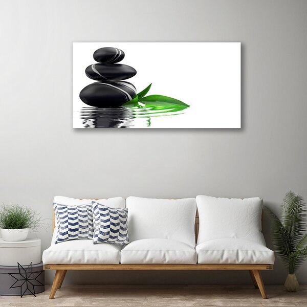 Tablou pe panza canvas Pietre Frunze Art Apă Negru Verde Alb
