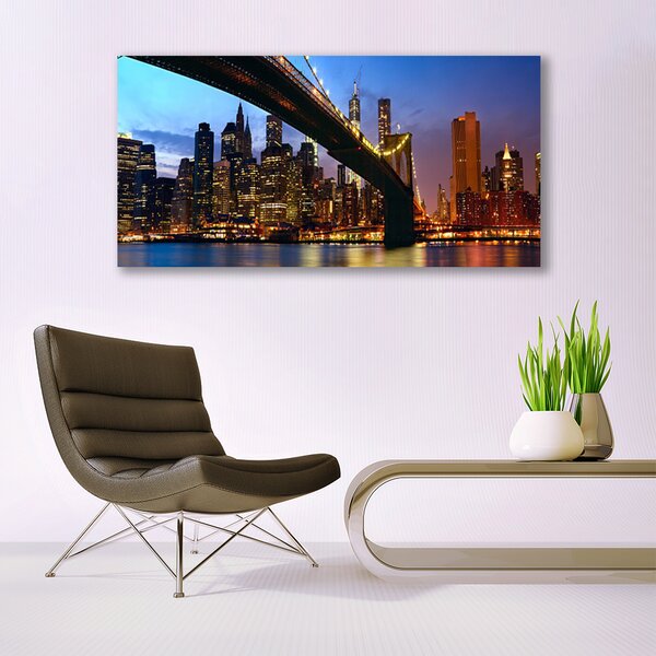 Tablou pe panza canvas Bridge City Water Arhitectura Albastru Maro Portocaliu