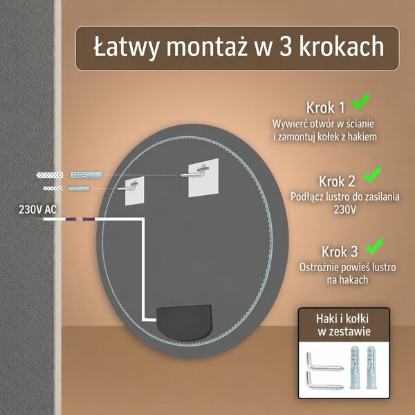Venti Koło Led oglindă 80x80 cm rotund cu iluminare argint 5907459662283