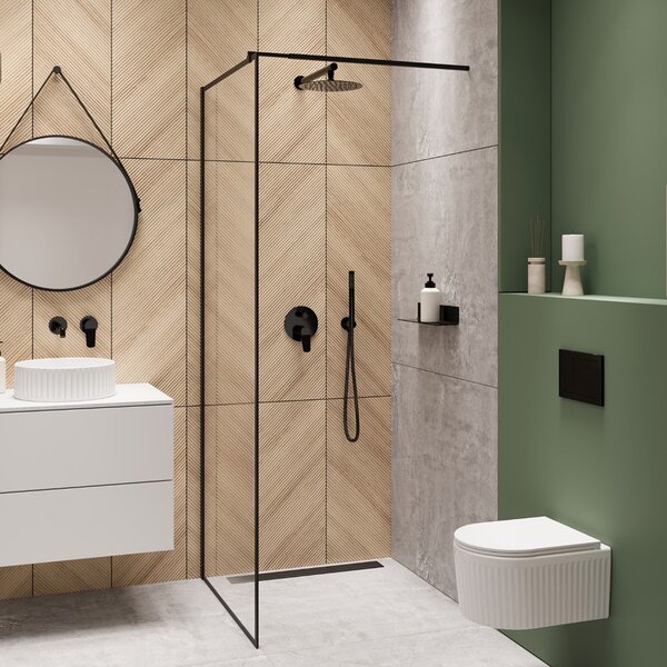 Invena perete cabină de duș walk-in 90 cm negru semi lucios/sticla transparentă AK-32-198