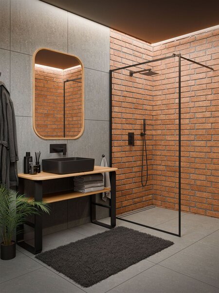 Invena perete cabină de duș walk-in 90 cm negru semi lucios/sticla transparentă AK-32-198