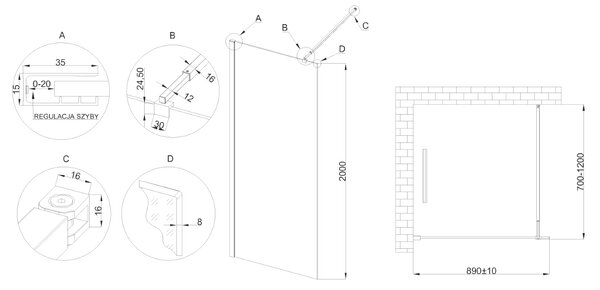 Invena perete cabină de duș walk-in 90 cm negru semi lucios/sticla transparentă AK-32-198