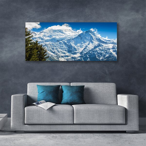 Tablou pe panza canvas Peisaj de munte copac Albastru Alb Verde